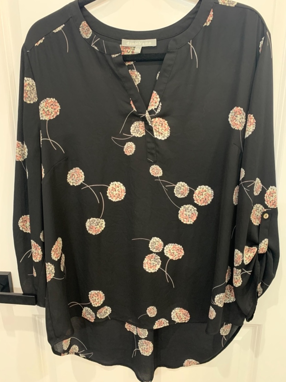 Daniel Rainn Black Floral Split-Neck Blouse with Pink-Cream Blooms